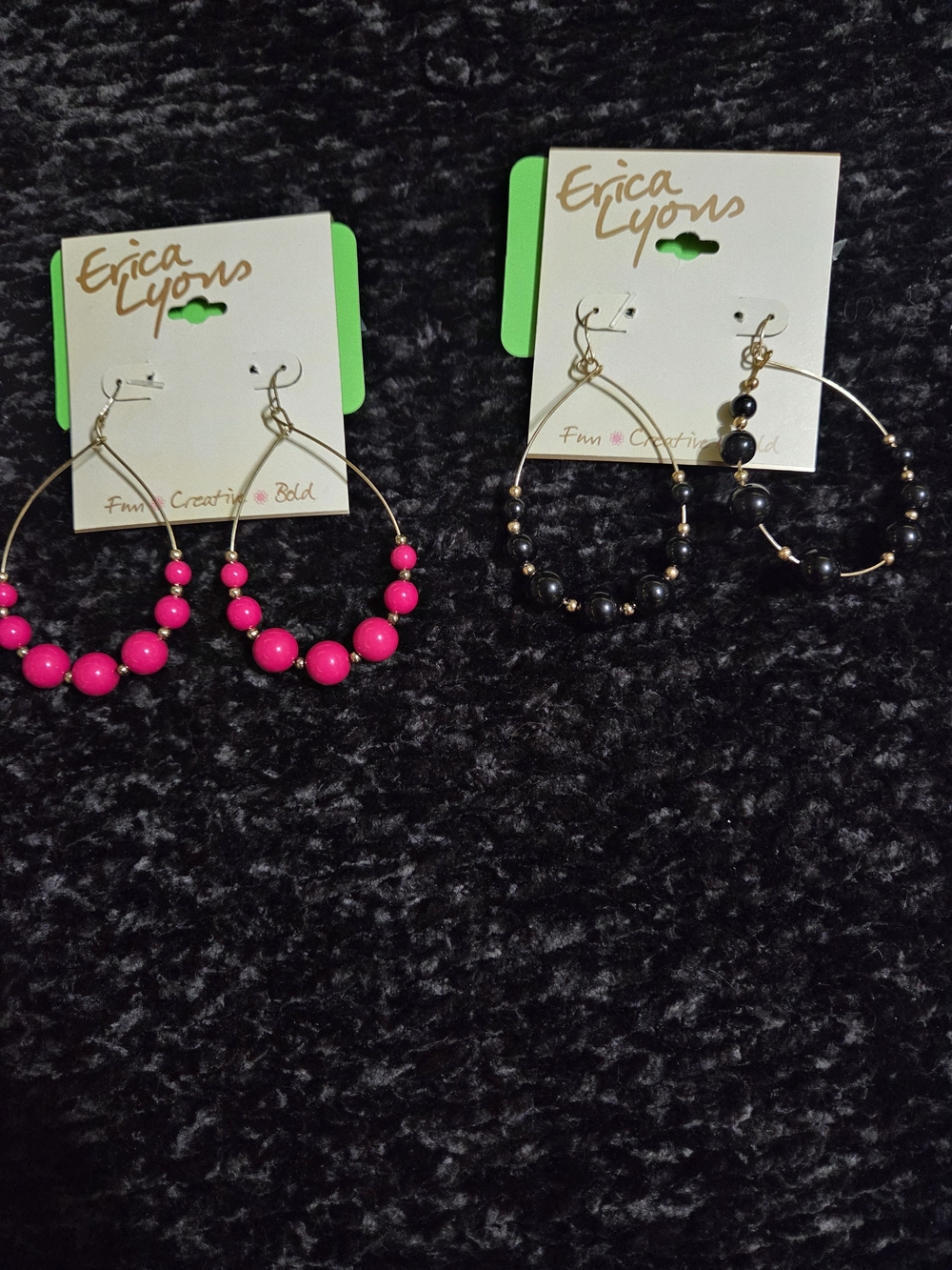 Erica Lyons Gold Hoop Earrings with Hot Pink and Black Beads
